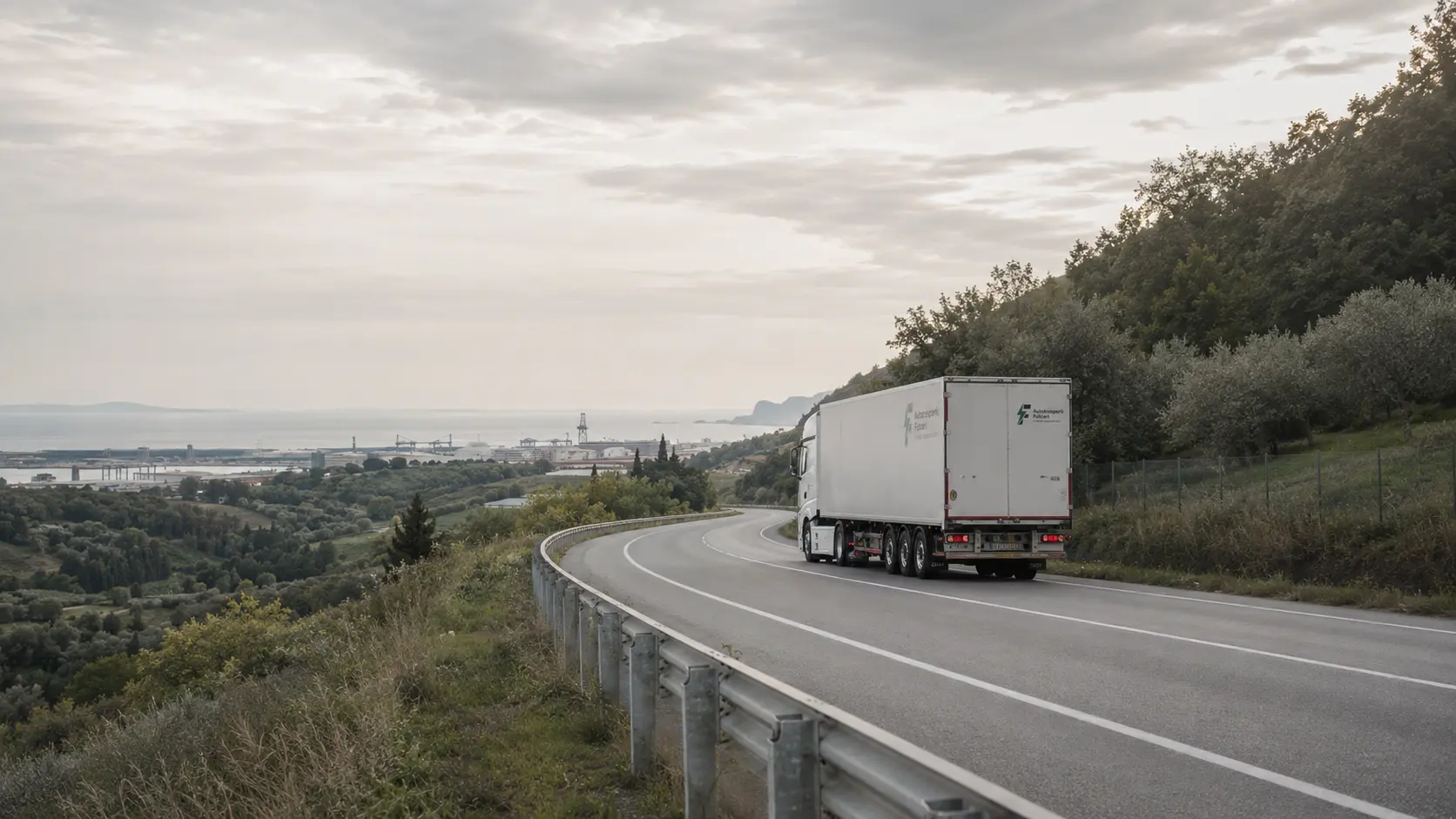 Veicolo Fulceri lungo una strada tra il paesaggio toscano e la costa industriale