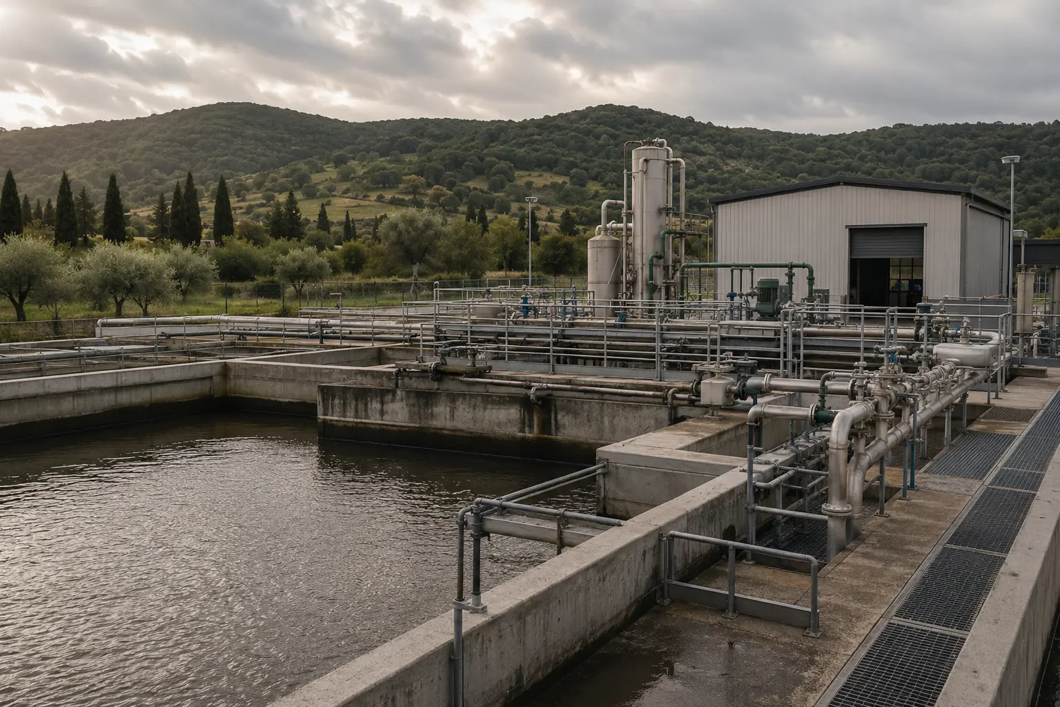 Impianto di depurazione industriale inserito nel paesaggio toscano